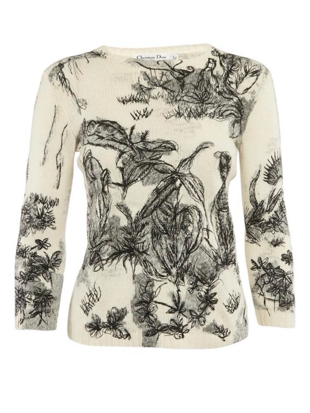Dior Cream and Black Botanical Embroidered Knit Sweater
